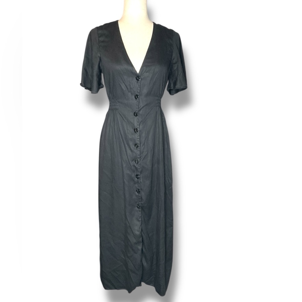 Zara Black Flutter Sleeve Button Up Midi Dress Size Small